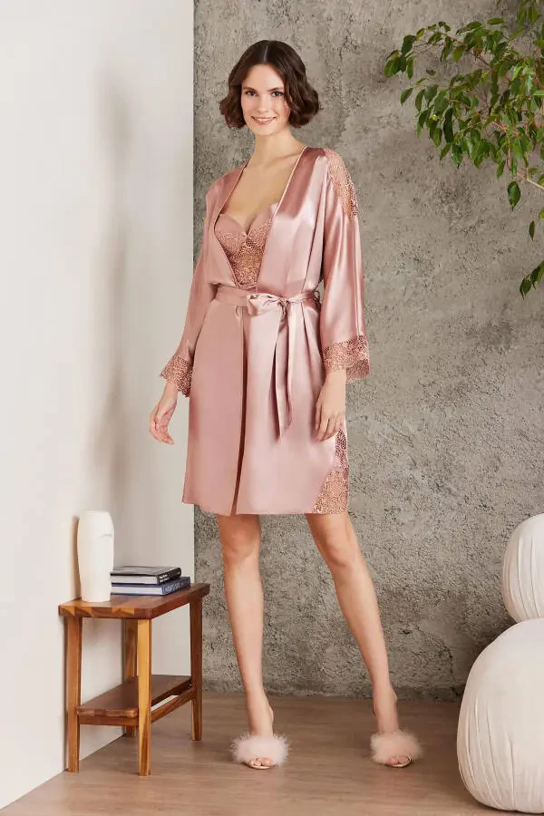 Сатиновый ночной халат пижама комплект шорты комплект 6 шт. свадебный приданое набор - 6000 - 3