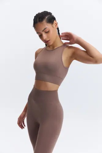 Satya Seamless/dikişsiz Halter Yaka Spor Sütyeni Yoga Büstiyeri - kahverengi - SIMPLE CO. (1)