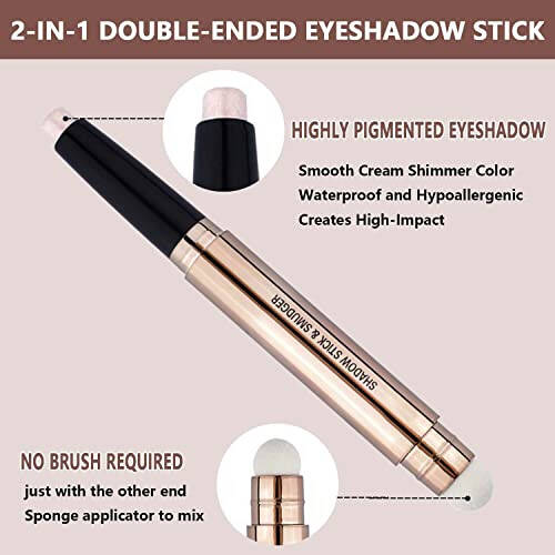 SAUBZEAN Light Gold Eyeshadow Stick Makeup, Waterproof Hypoallergenic Long Lasting Crayon, Glitter Primer Palette Shimmer Eyeliner Pen with Soft Brush - 3