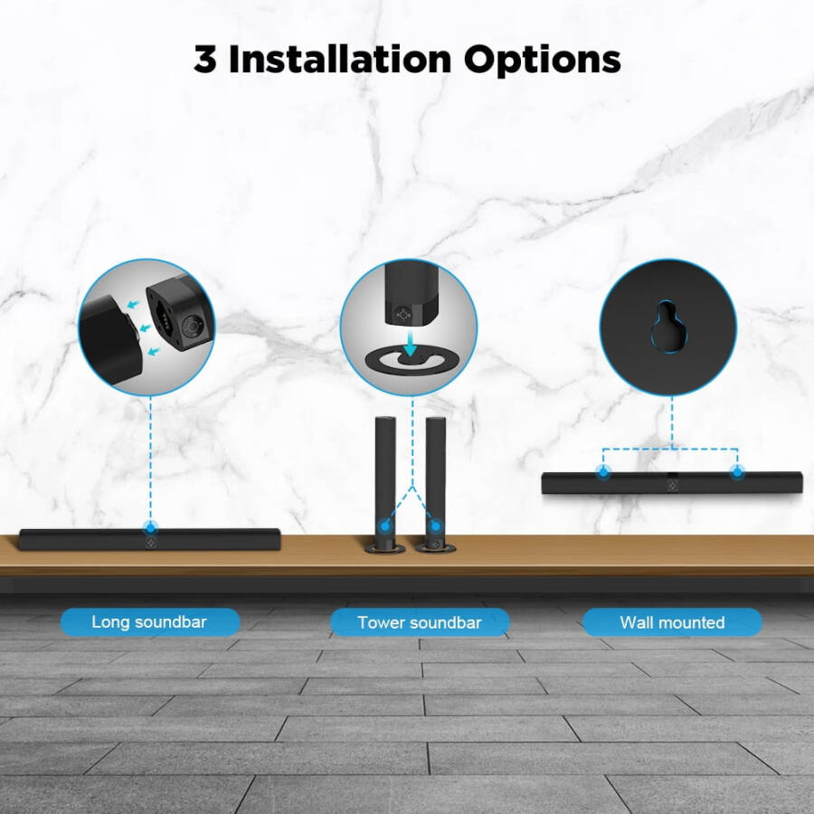 Саундбар COWIN для ТВ-динамика Soundbar, Bluetooth и проводное подключение 2-в-1, разъемный настенный монтаж, домашний аудиотеатр (BT5.0/оптический/AUX/пульт ДУ) 32 дюйма - 4