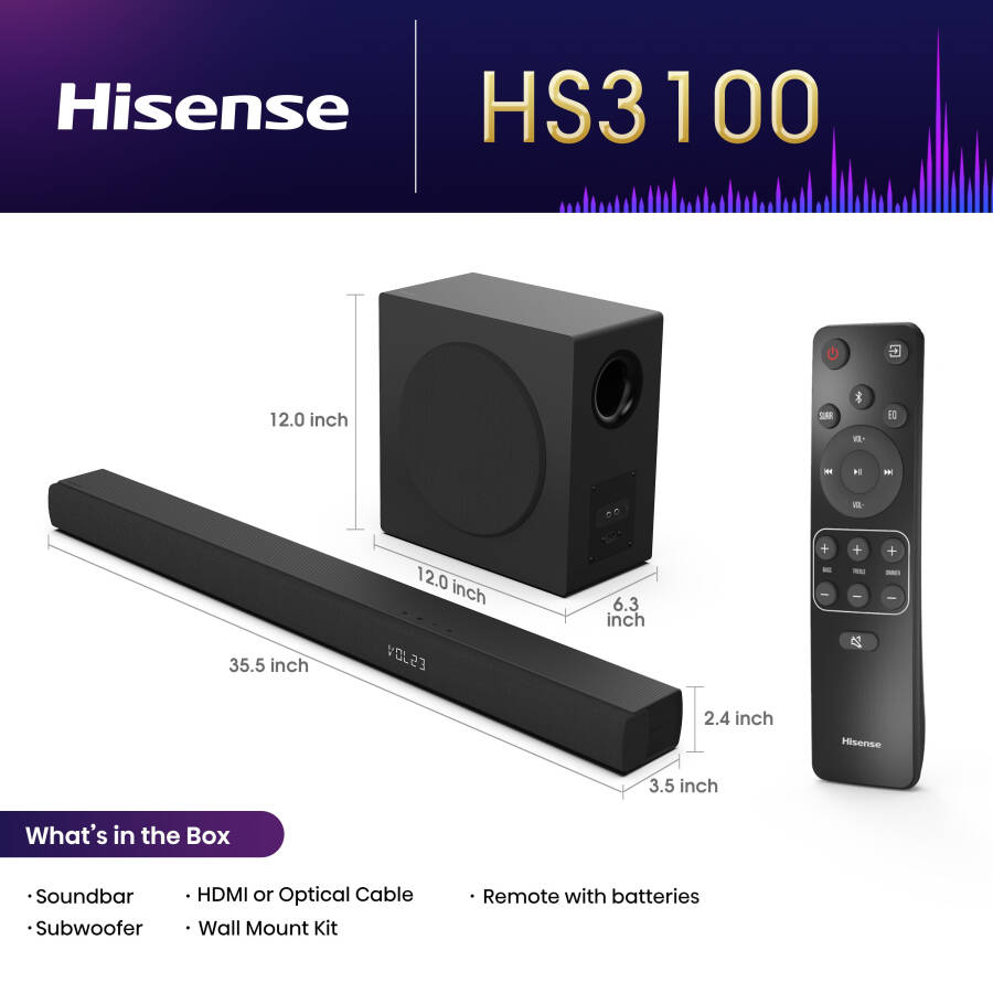 Саундбар Hisense 3.1-канальный 480 Вт с беспроводным сабвуфером (HS3100) - 2