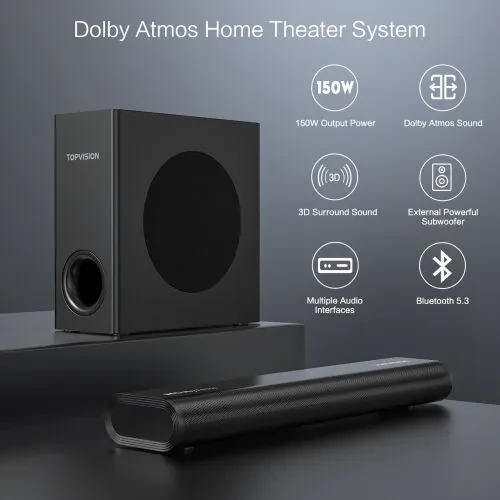 Саундбар TOPVISION, Саундбар 2.1 ch Dolby Atmos для телевизора, 150 Вт, динамик с 3D-звуковой системой, Bluetooth 5.3/HDMI/Aux/Opt/USB-подключением - 4
