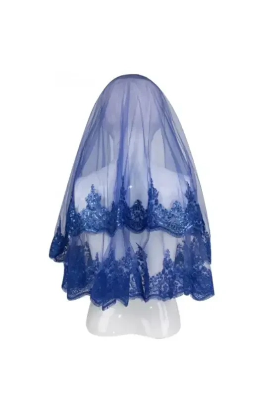 Sax Blue Shimmering Guipure Bridal Veil Set Wedding Henna Night Face Cover Veil Belt Gloves-Sax Blue - ZEYMERADE
