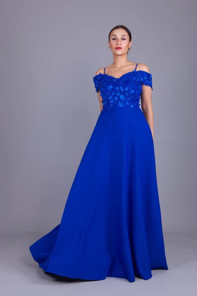 Sax Halter Low Shoulder Floral Tulle Detail Maxi Size Flared Evening Dress - Modazone