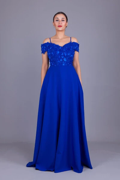 Sax Halter Low Shoulder Floral Tulle Detail Maxi Size Flared Evening Dress - Modazone (1)