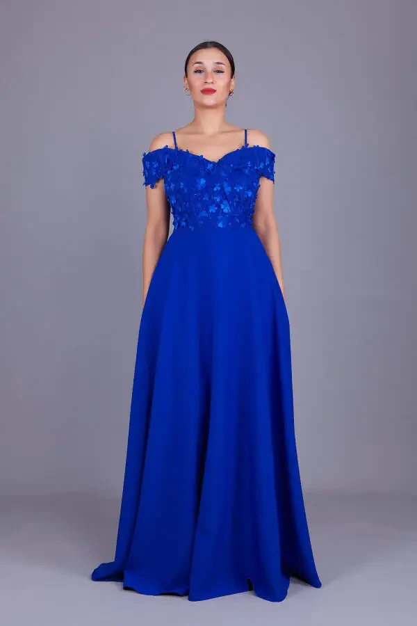 Sax Halter Low Shoulder Floral Tulle Detail Maxi Size Flared Evening Dress - 2