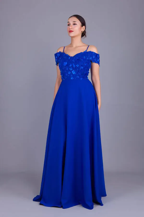 Sax Halter Low Shoulder Floral Tulle Detail Maxi Size Flared Evening Dress - 3