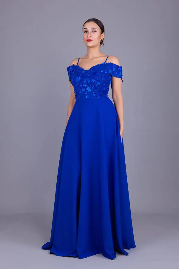 Sax Halter Low Shoulder Floral Tulle Detail Maxi Size Flared Evening Dress - 4