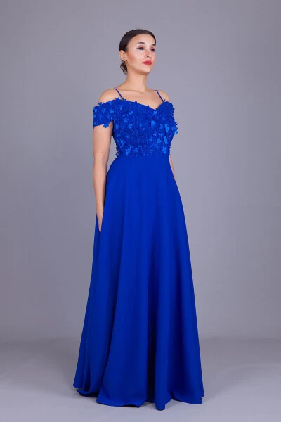 Sax Halter Low Shoulder Floral Tulle Detail Maxi Size Flared Evening Dress - 5