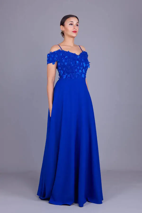 Sax Halter Low Shoulder Floral Tulle Detail Maxi Size Flared Evening Dress - 5