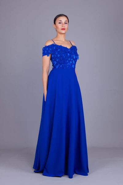 Sax Halter Low Shoulder Floral Tulle Detail Maxi Size Flared Evening Dress - 6