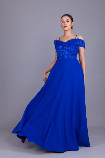 Sax Halter Low Shoulder Floral Tulle Detail Maxi Size Flared Evening Dress - 7