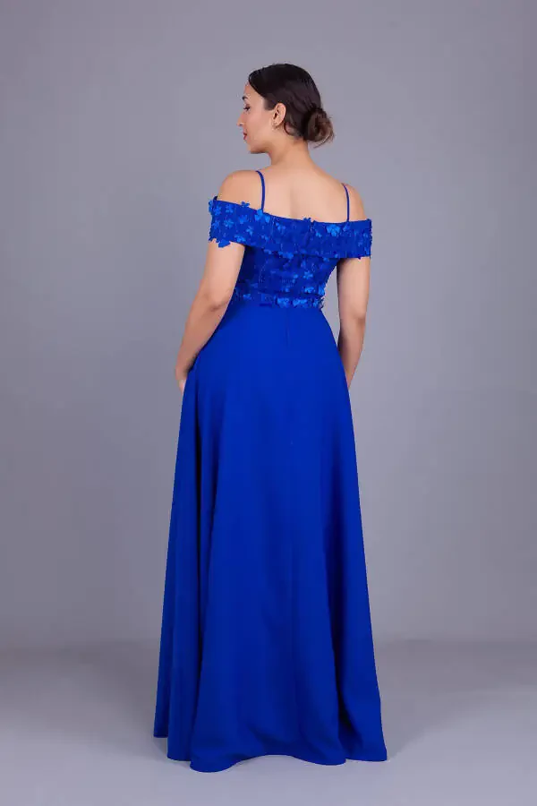 Sax Halter Low Shoulder Floral Tulle Detail Maxi Size Flared Evening Dress - 8