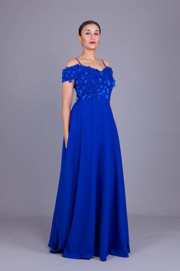 Sax Halter Low Shoulder Floral Tulle Detail Maxi Size Flared Evening Dress - 15