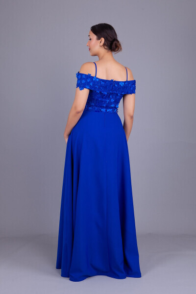 Sax Halter Low Shoulder Floral Tulle Detail Maxi Size Flared Evening Dress - 17