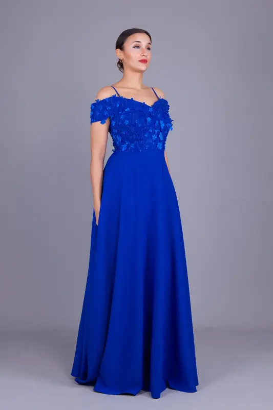 Sax Halter Low Shoulder Floral Tulle Detail Maxi Size Flared Evening Dress - 6