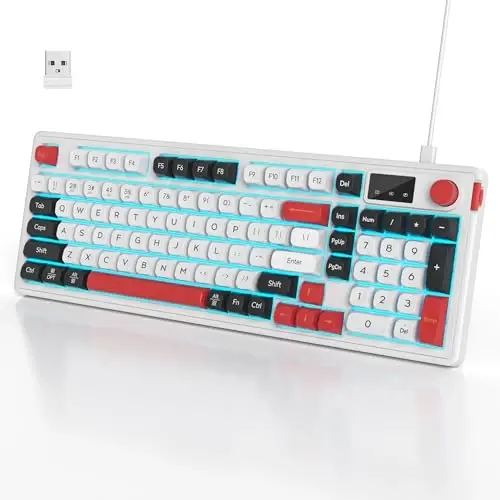 SbocKeeb 96% Wireless Keyboard with Number Pad and Knob,3-Modes Wired/Bluetooth 5.0/2.4G 98 Keys ABS Ball Caps RGB Quiet Mechanical Feel Membrane Gaming Keyboard for Win/Mac（White） 