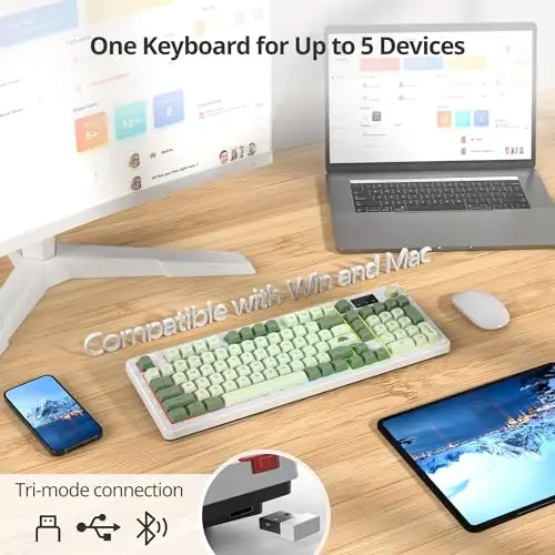 Fogruaden 96% Wireless Green Keyboard with Number Pad and Knob, Mechanical Feel, RGB Quiet Matcha Membrane Gaming Keyboard, Spill-Resistant, 3-Modes USB Rechargeable Silent Creamy Keyboard for Win/Mac - 2