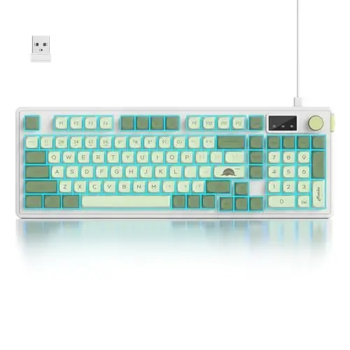 Fogruaden 96% Wireless Green Keyboard with Number Pad and Knob, Mechanical Feel, RGB Quiet Matcha Membrane Gaming Keyboard, Spill-Resistant, 3-Modes USB Rechargeable Silent Creamy Keyboard for Win/Mac - FOGRUADEN
