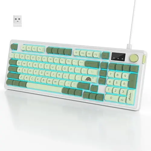 SbocKeeb 96% Wireless Keyboard with Number Pad and Knob,3-Modes Wired/Bluetooth 5.0/2.4G 98 Keys ABS Ball Caps RGB Quiet Mechanical Feel Membrane Gaming Keyboard for Win/Mac（Matcha） 