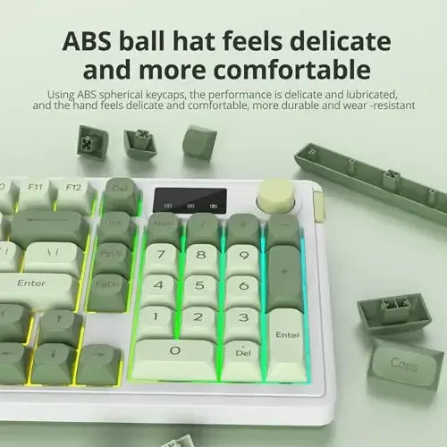 SbocKeeb 96% Wireless Keyboard with Number Pad and Knob,3-Modes Wired/Bluetooth 5.0/2.4G 98 Keys ABS Ball Caps RGB Quiet Mechanical Feel Membrane Gaming Keyboard for Win/Mac（Matcha） - 5