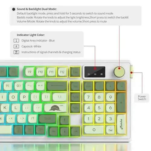 SbocKeeb 96% Wireless Keyboard with Number Pad and Knob,3-Modes Wired/Bluetooth 5.0/2.4G 98 Keys ABS Ball Caps RGB Quiet Mechanical Feel Membrane Gaming Keyboard for Win/Mac（Matcha） - 6