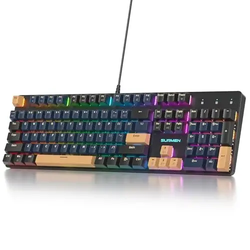 surmen Full Size Creamy Keyboard with Number Pad, 104 Keys RGB Wired Mechanical Gaming Keyboard Backlit with PBT Keycaps Linear Red Switch for Laptop Desktop PC Gamers（104 Blue Samurai） 