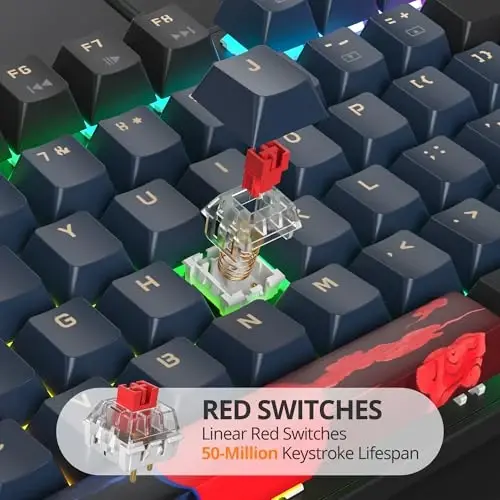 surmen Full Size Creamy Keyboard with Number Pad, 104 Keys RGB Wired Mechanical Gaming Keyboard Backlit with PBT Keycaps Linear Red Switch for Laptop Desktop PC Gamers（104 Blue Samurai） - SURMEN (1)