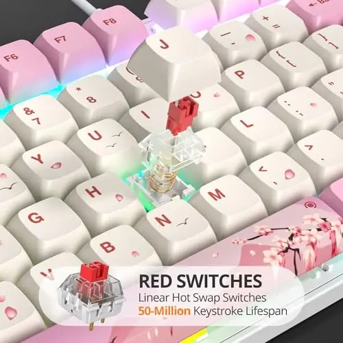 surmen Full Size Pink Keyboard with Number Pad, 104 Keys RGB Wired Mechanical Gaming Keyboard Backlit with PBT Keycaps Linear Red Switch for Laptop Desktop PC Gamers（104 Ying） - SURMEN (1)