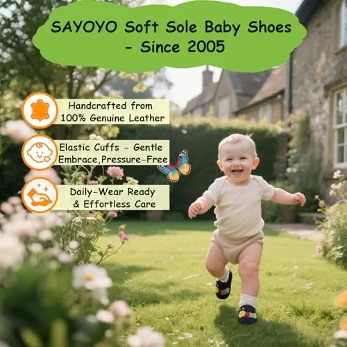 SAYOYO Baby Soft Leather Moccasins Anti-Slip Rubber Sole Walking Shoes | Ultra-soft leather, non-slip suede sole, lightweight for natural growth. Elastic ankle, easy on/off - 2