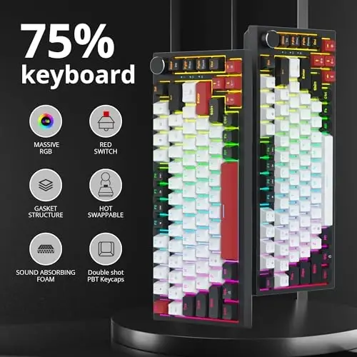 SbocKeeb 75 foizli klaviatura Gasket-Mounted, ovoz yutuvchi prokladkalar bilan, 82 tugmali ixcham simli RGB mexanik oʻyin klaviaturasi Hot-Swap Socket Win uchun, Oq - SBOCKEEB (1)