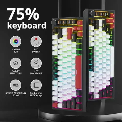 SbocKeeb 75 foizli klaviatura Gasket-Mounted, ovoz yutuvchi prokladkalar bilan, 82 tugmali ixcham simli RGB mexanik oʻyin klaviaturasi Hot-Swap Socket Win uchun, Oq - SBOCKEEB (1)