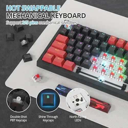 SbocKeeb 75 foizli klaviatura Gasket-Mounted, ovoz yutuvchi yostiqchalar bilan, 82 tugmali ixcham simli RGB mexanik oʻyin klaviaturasi Win uchun Hot-Swap Socket, Qizil Qora - 4