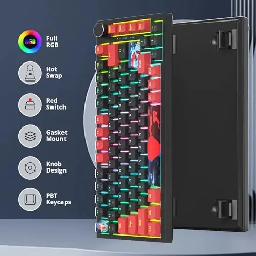 SbocKeeb 75 foizli klaviatura Gasket-Mounted, ovoz yutuvchi yostiqchalar bilan, 82 tugmali ixcham simli RGB mexanik oʻyin klaviaturasi Win uchun Hot-Swap Socket, Qizil Qora - SBOCKEEB (1)