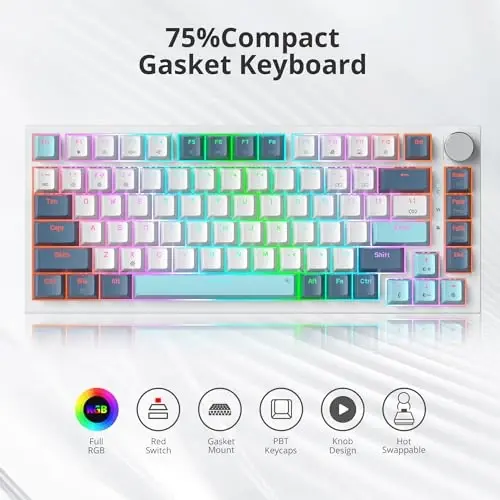 SbocKeeb 75 foizli klaviatura Gasket-Mounted ovoz yutuvchi yostiqchalar bilan, 82 tugmali ixcham simli RGB mexanik oʻyin klaviaturasi Win uchun Hot-Swap Socket, Whistle - 2