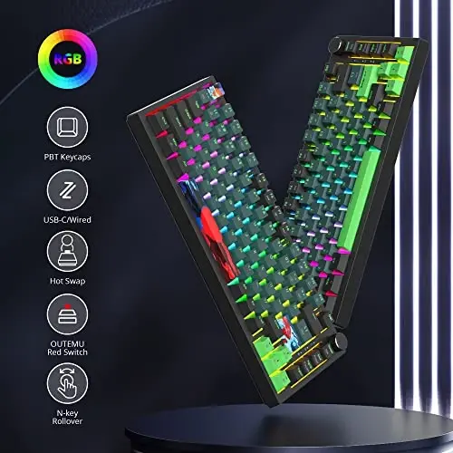 SbocKeeb 75 foizli klaviatura Gasket-Mounted, ovoz yutuvchi yostiqchalar bilan, 82 tugmali ixcham simli RGB mexanik oʻyin klaviaturasi Win uchun Hot-Swap soketi, Sound Wave - 3