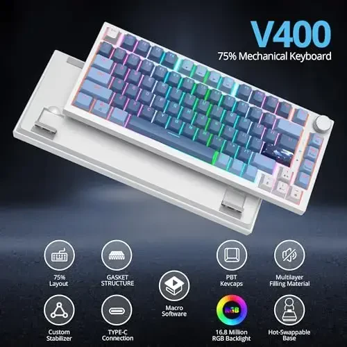 SbocKeeb 75 foizlik klaviatura Gasket-o'rnatilgan ovoz yutuvchi prokladkalar bilan, 82 tugmachali ixcham simli RGB mexanik o'yin klaviaturasi Win uchun issiq almashtirish uyasi, Fog Blue - 4