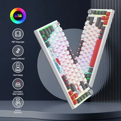 SbocKeeb 75 Percent Keyboard Gasket-Mounted with Sound Absorbing Pads, 82-Key Compact Wired RGB Mechanical Gaming Keyboard Hot-Swap Socket for Win, Gray White - 2