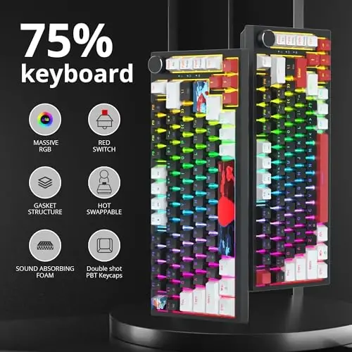 SbocKeeb 75 Percent Keyboard Gasket-Mounted with Sound Absorbing Pads, 82-Key Compact Wired RGB Mechanical Gaming Keyboard Hot-Swap Socket for Win, Black - 2