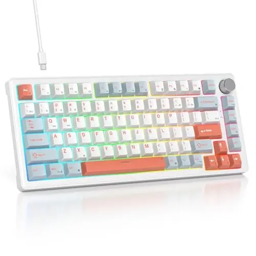 SbocKeeb 75% Mechanical Keyboard Gasket Tugmasi bilan, Maxsus simli kremli o'yin klaviaturasi TKL 75 foiz issiq almashtiriladigan RGB yoritgichli, Win/MAC PC noutbuki uchun oldindan moylangan kalit（Qizil ikra/Oq） 