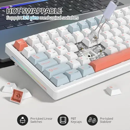 SbocKeeb 75% Mechanical Keyboard Gasket Tugmasi bilan, Maxsus simli kremli o'yin klaviaturasi TKL 75 foiz issiq almashtiriladigan RGB yoritgichli, Win/MAC PC noutbuki uchun oldindan moylangan kalit（Qizil ikra/Oq） - 5