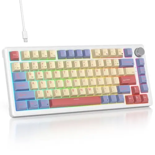 SbocKeeb 75% Mechanical Keyboard Gasket with Knob, Custom Wired Creamy Gaming Keyboard TKL 75 Percent Hot Swappable RGB Backlit, Pre-lubed Switch for Win/MAC PC Laptop（Cotton Candy/White Switch） - SBOCKEEB