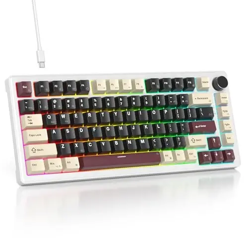 SbocKeeb 75% mexanik klaviatura Gasket Knob bilan, maxsus simli kremli oʻyin klaviaturasi TKL 75 foiz Hot Swappable RGB yoritilgan, Win/MAC uchun oldindan moylangan Switch（Roma/White Switch） 