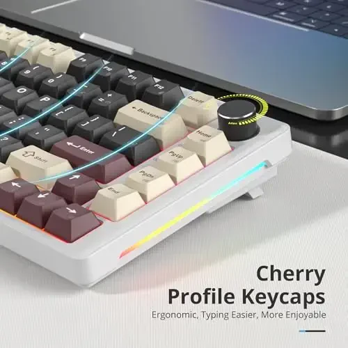 SbocKeeb 75% mexanik klaviatura Gasket Knob bilan, maxsus simli kremli oʻyin klaviaturasi TKL 75 foiz Hot Swappable RGB yoritilgan, Win/MAC uchun oldindan moylangan Switch（Roma/White Switch） - 6