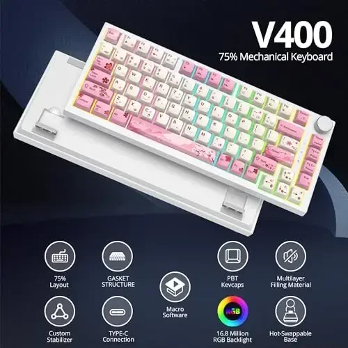 SbocKeeb 75 Percent Pink Keyboard Gasket-Mounted with Sound Absorbing Pads, 82-Key Compact Wired RGB Mechanical Gaming Keyboard Hot-Swap Socket for Win, Ying - SBOCKEEB (1)