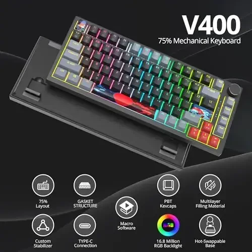 SbocKeeb 75 Percent Keyboard Gasket-Mounted with Sound Absorbing Pads, 82-Key Compact Wired RGB Mechanical Gaming Keyboard Hot-Swap Socket for Win, Dark - 2