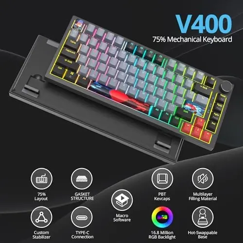 SbocKeeb 75 Percent Keyboard Gasket-Mounted with Sound Absorbing Pads, 82-Key Compact Wired RGB Mechanical Gaming Keyboard Hot-Swap Socket for Win, Dolch - 2