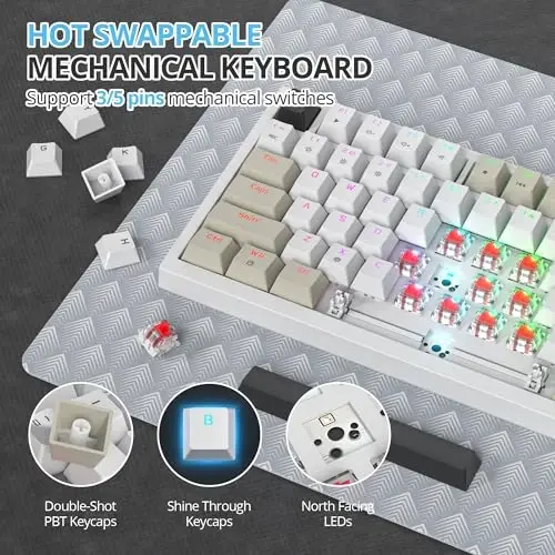 SbocKeeb 75 Percent Keyboard Gasket-Mounted with Sound Absorbing Pads, 82-Key Compact Wired RGB Mechanical Gaming Keyboard Hot-Swap Socket for Win, Gray Black White - 4