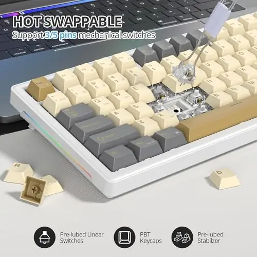 SbocKeeb 75% Retro Mechanical Keyboard Gasket with Knob, Custom Wired Creamy Gaming Keyboard TKL 75 Percent Hot Swappable RGB Backlit, Pre-lubed Switch for Win/MAC PC Laptop（Shimmer/White Switch） - 5