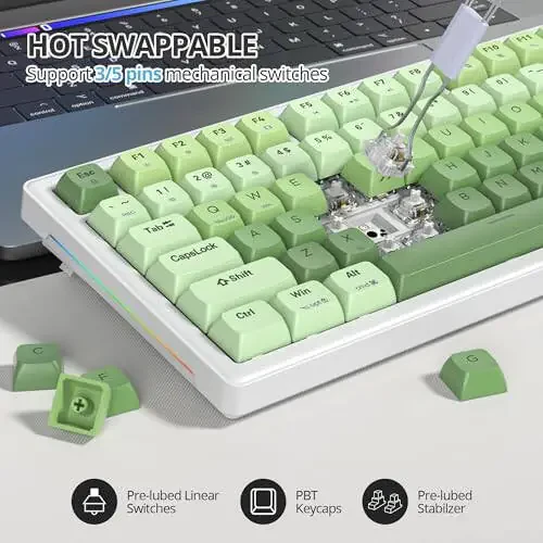 SbocKeeb 75% Yashil Mexanik Klaviatura Prokladka bilan, Tugmali, Maxsus Simli Qaymoqli O'yin Klaviaturasi TKL 75 Foizli Issiq almashtiriladigan RGB Orqa Yoritishli, Win/MAC uchun Oldindan Moylangan Kalit, Yashil - 5